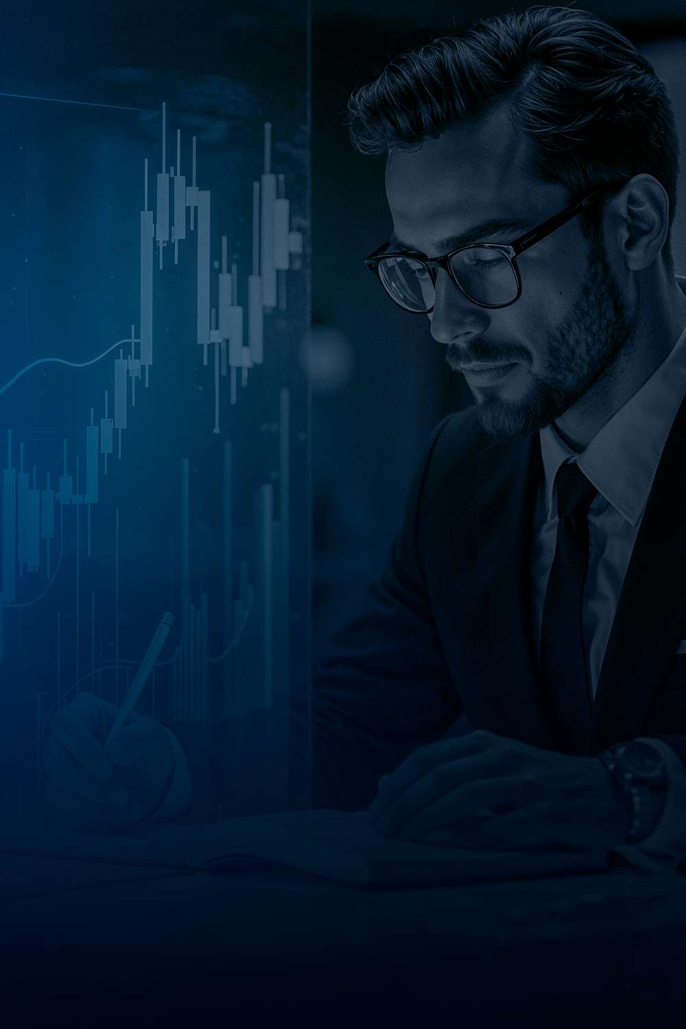 Homem de terno e óculos analisando gráficos de ações em um computador.