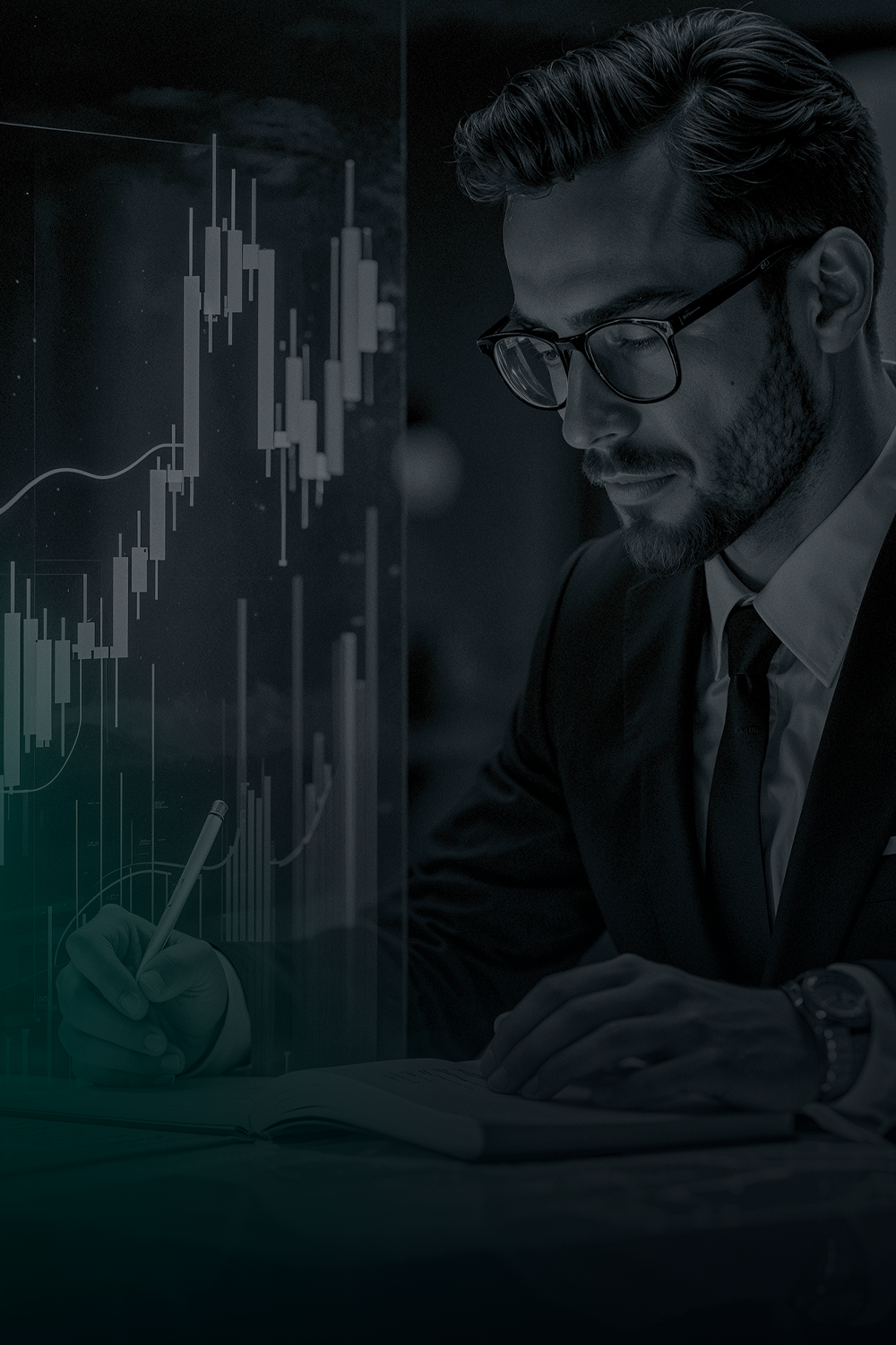 Homem de terno e óculos analisando um gráfico com dados financeiros e fazendo anotações.