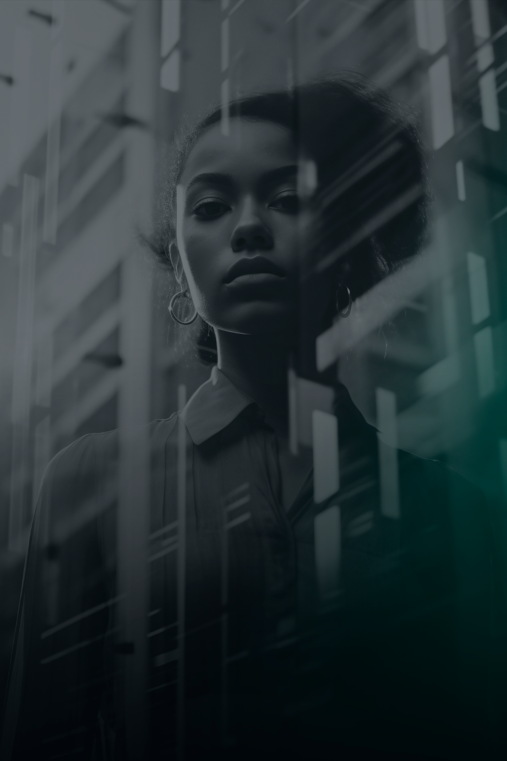 Mulher olhando diretamente para a câmera, sobreposta por linhas geométricas em um cenário de prédio; degradê azul-petróleo.