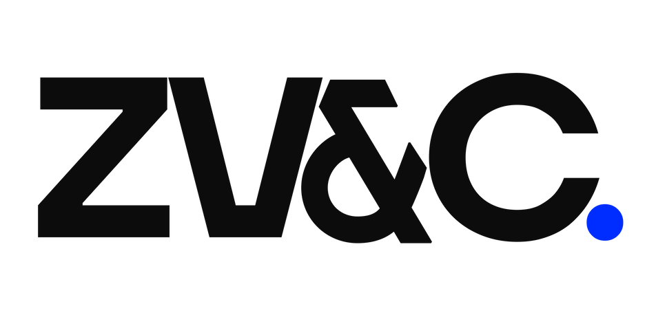 Texto preto “ZV&C.” com um ponto azul, sobre fundo branco.