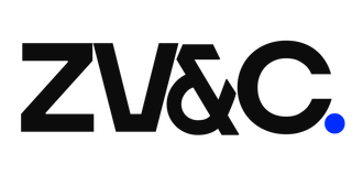 Texto preto “ZV&C.” com um ponto azul, sobre fundo branco.