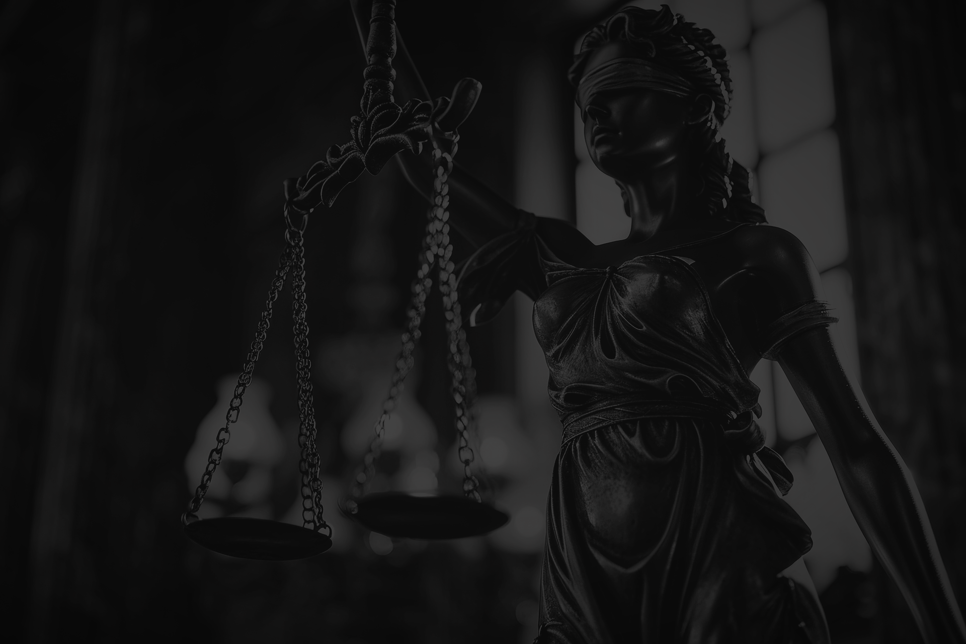 Estátua da Dama da Justiça segurando uma balança, com os olhos vendados, em um ambiente escuro.