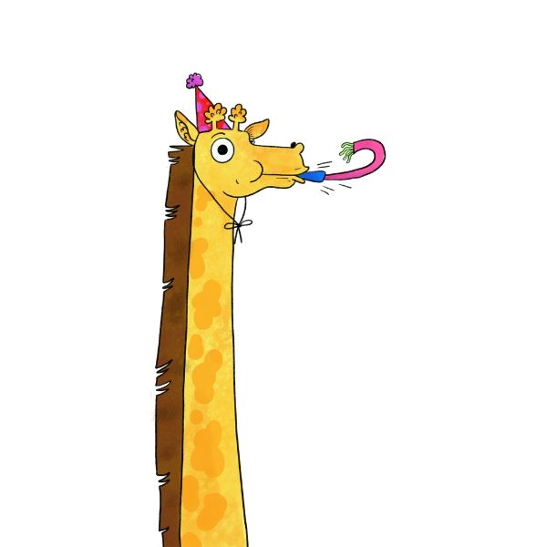 Cartoon image of a giraffe blowing a party horn for Party Animal Publishing Services