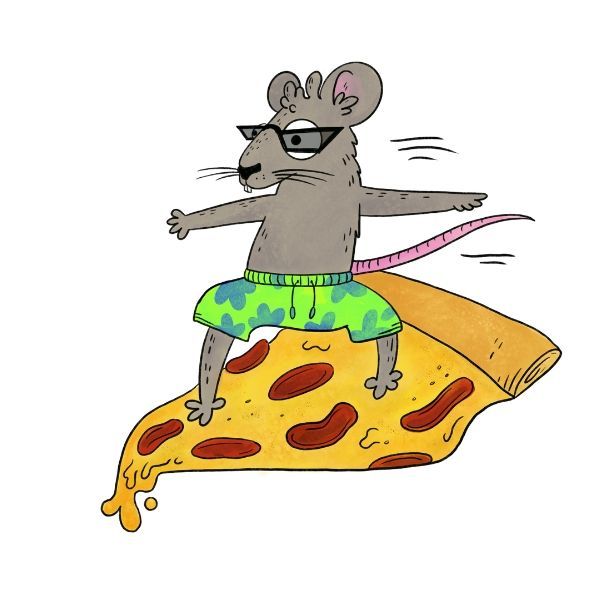 Cartoon image of a rate surfing on pizza for Party Animal Publishing Services