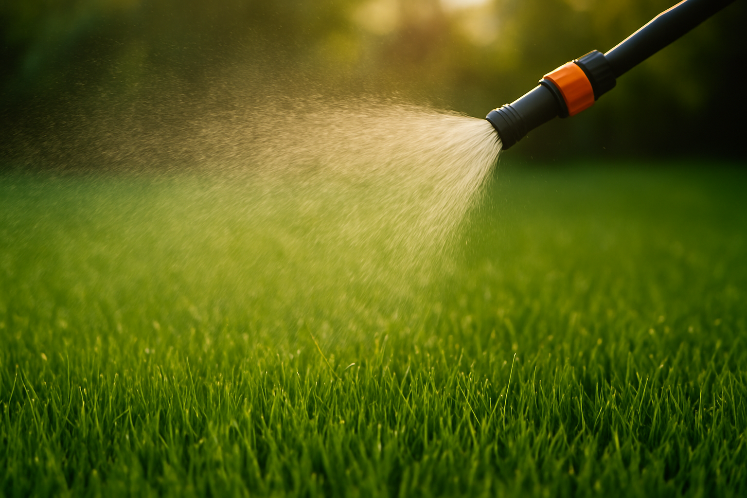 Water spraying from a hose onto green grass.