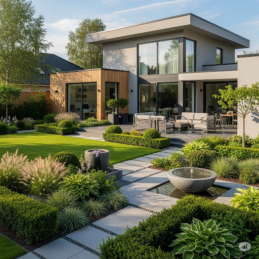 Modern house with manicured garden, stone path, water features, and outdoor seating area.