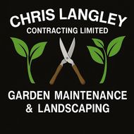 Chris Langley Contracting Limited logo: white text on black background, gardening tools with two green plants.