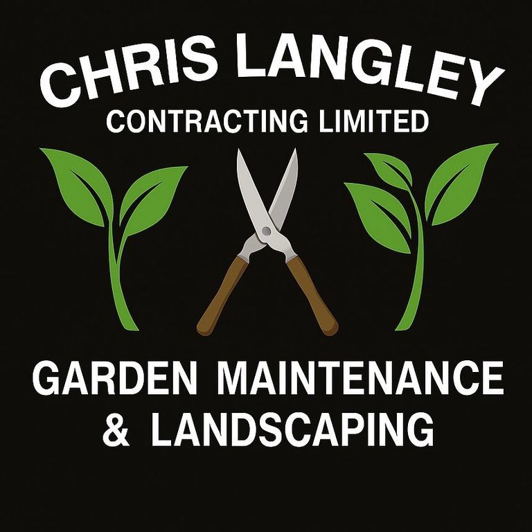 Chris Langley Contracting Limited logo: white text on black background, gardening tools with two green plants.