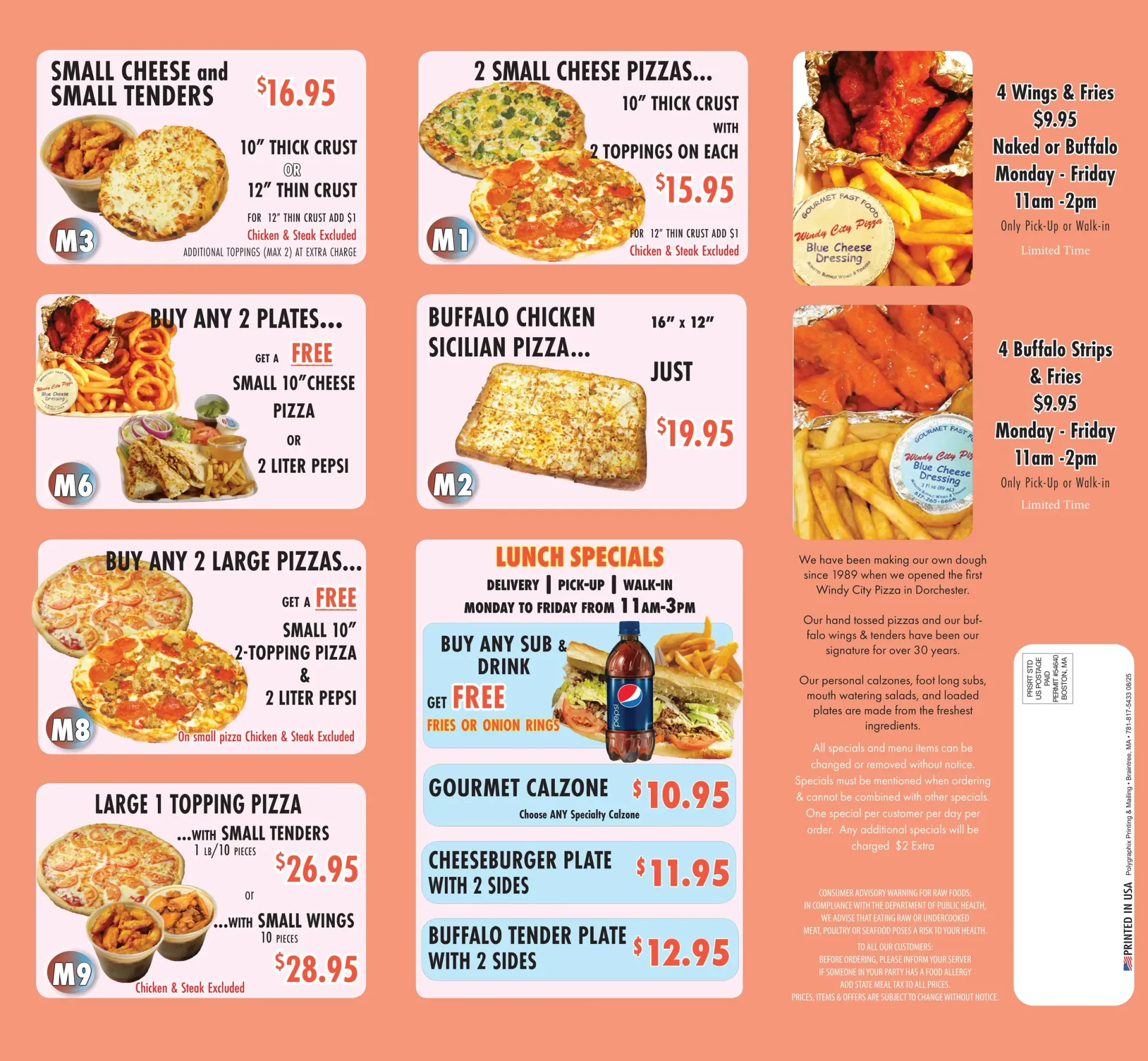 Menu with pizza, tenders, and lunch specials; primarily orange and white design.