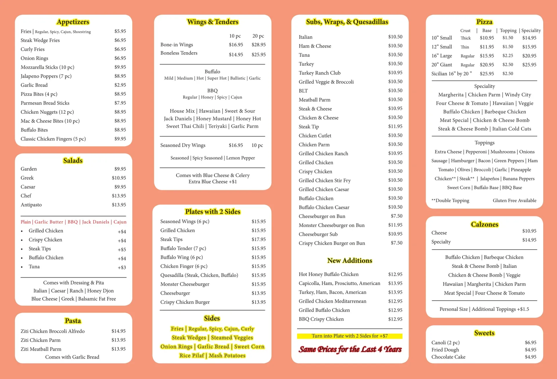 Restaurant menu with various food options and prices.