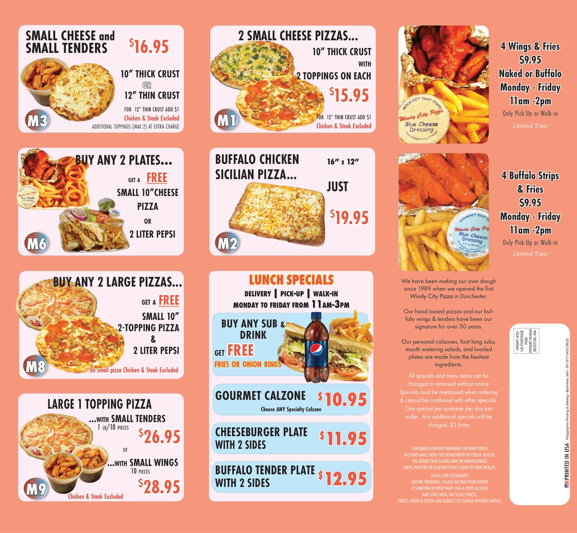Menu board with pizza, tenders, calzones, and lunch specials.