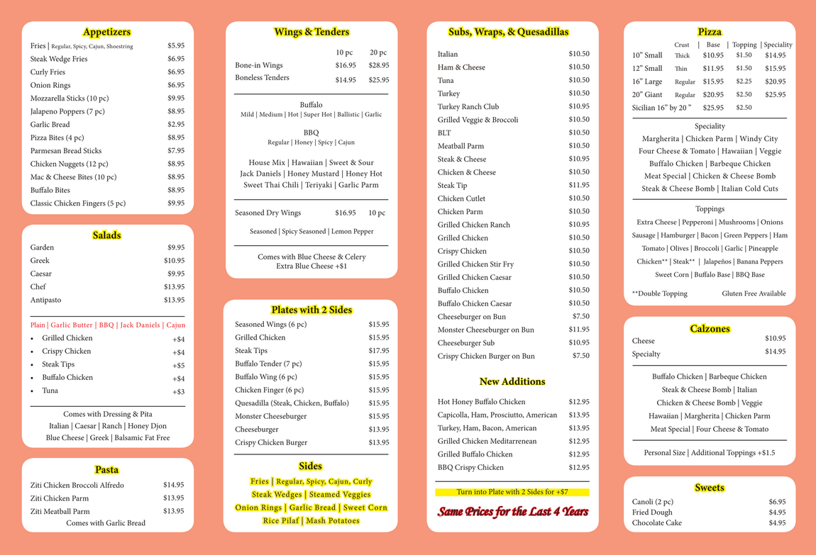Restaurant menu: appetizers, wings, salads, pasta, pizzas, desserts, and drinks listed with prices on a coral background.