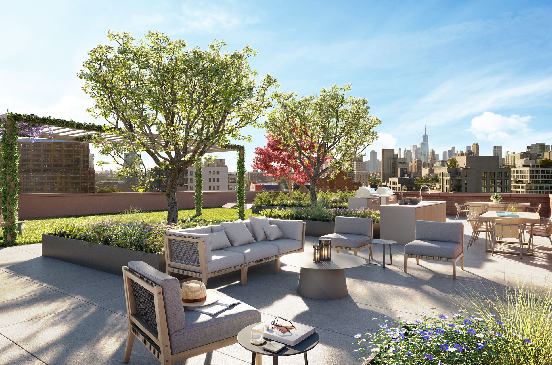 An artist 's impression of a rooftop garden with a couch and chairs