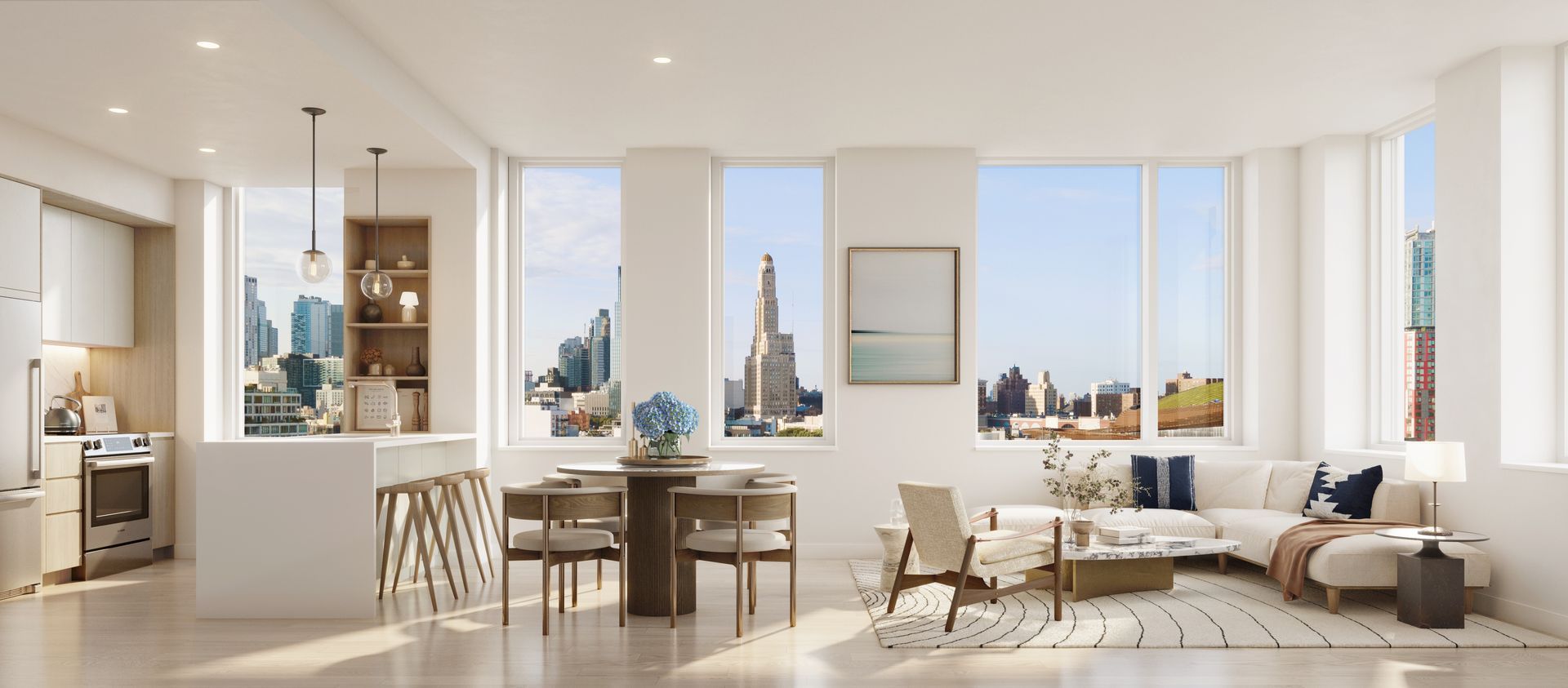 An artist 's impression of a living room , dining room , and kitchen.