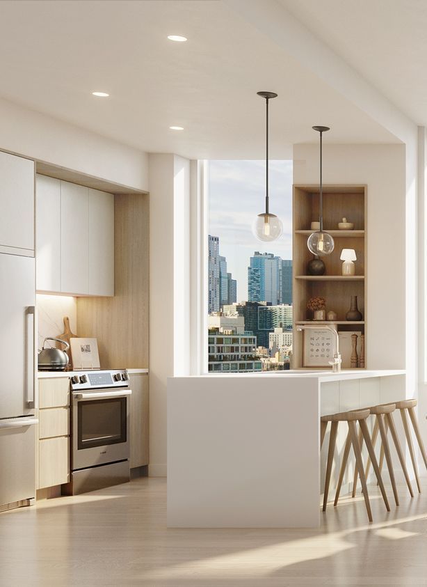 An artist 's impression of a kitchen with a large island and stools.