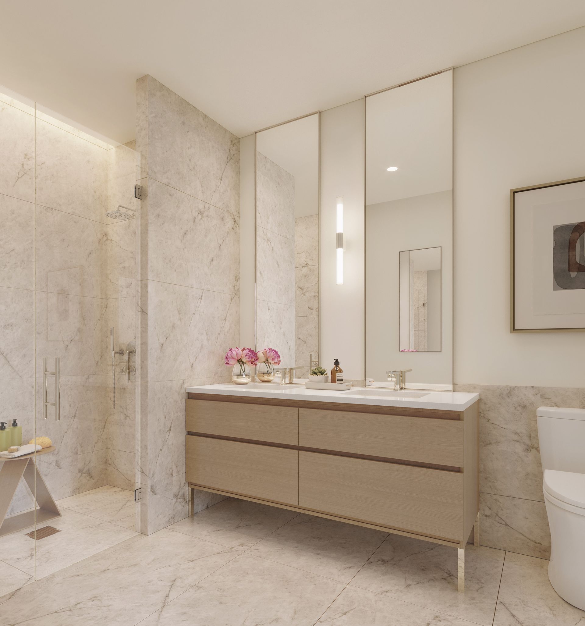 A bathroom with two sinks and a toilet