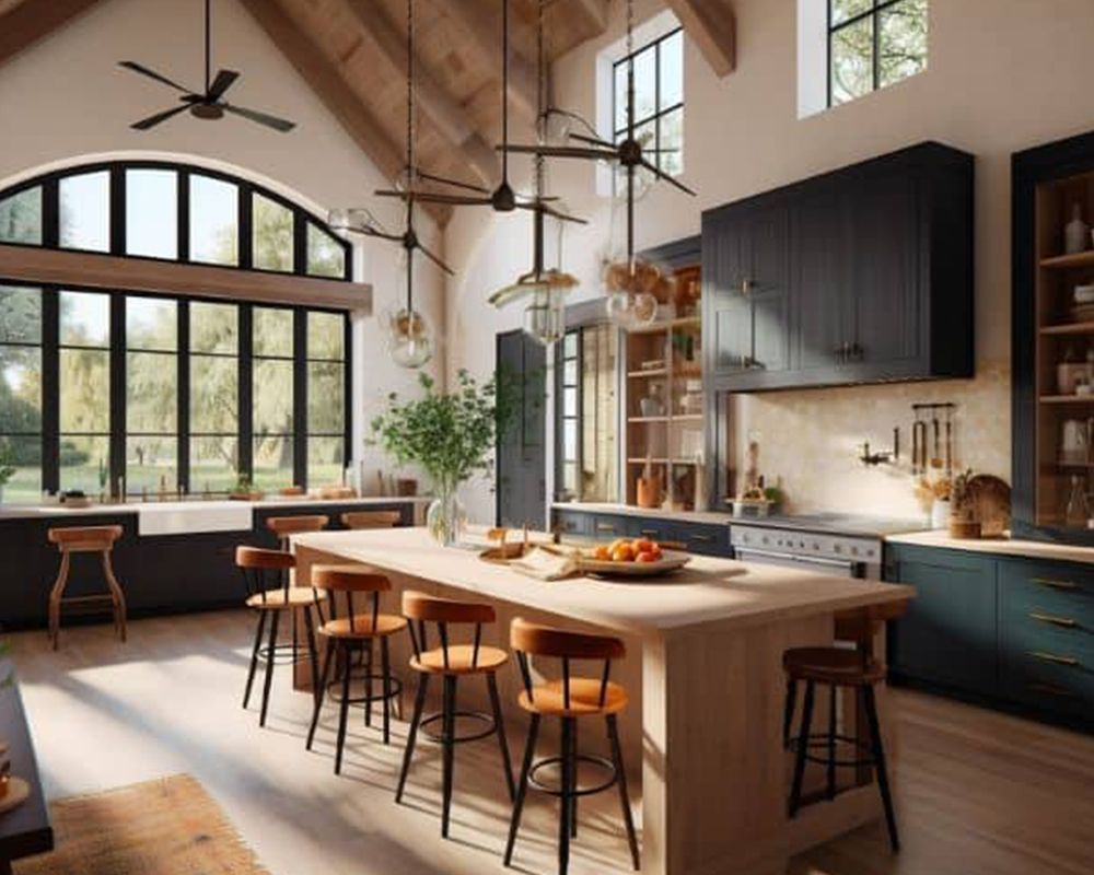 There is a large island in the middle of the kitchen.