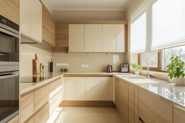 A kitchen with wooden cabinets , a sink , a stove , and a window.