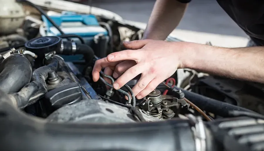Hands working on a car engine, inspecting parts within an open hood.