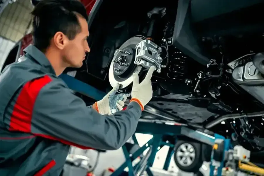 Mechanic working on car brakes in a service bay, wearing gloves and gray uniform.
