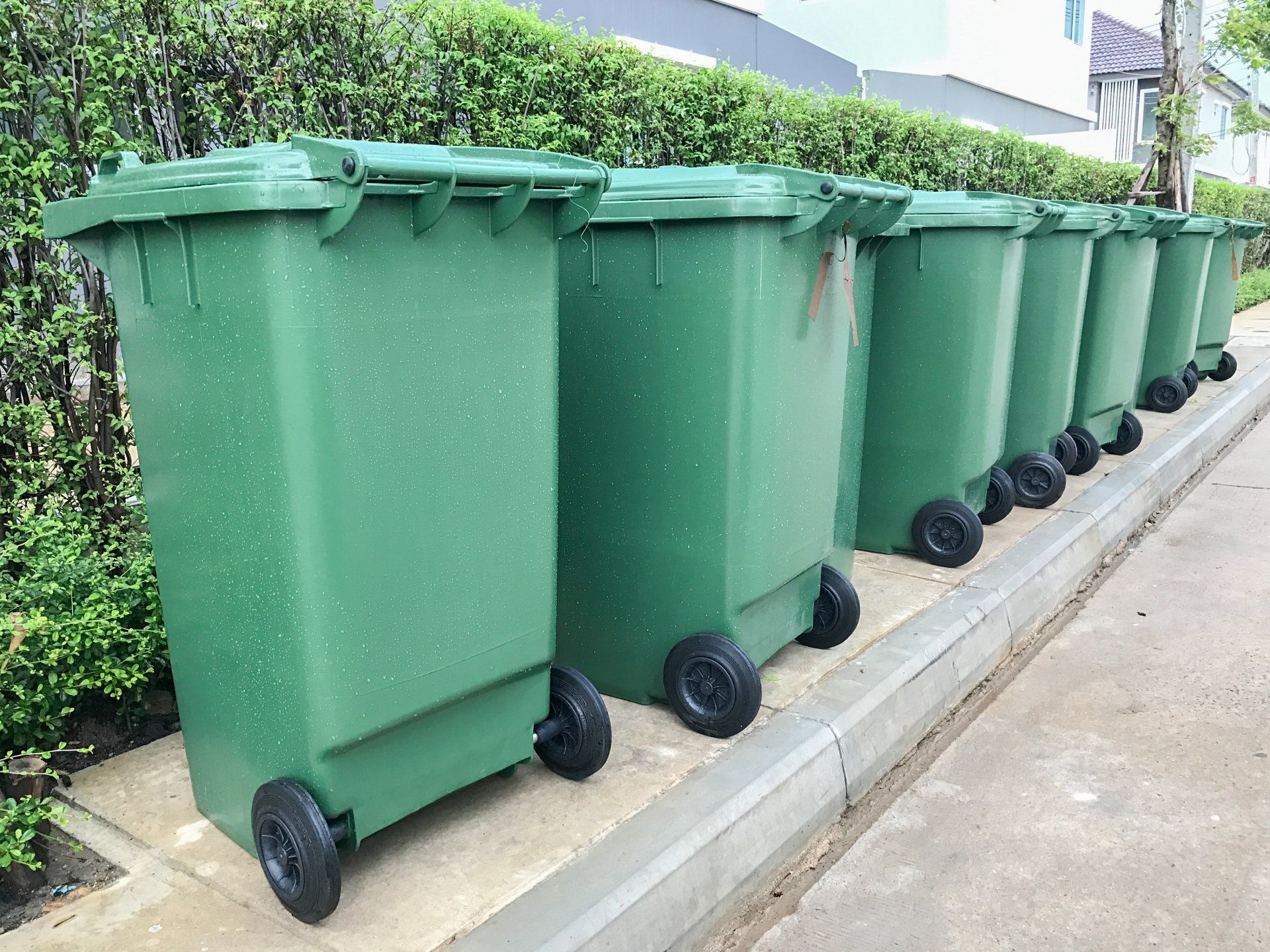 Line of Trash Cans — Jamestown, RI — Island Rubbish Services