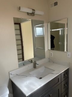 A bathroom with a sink , mirror and toilet.