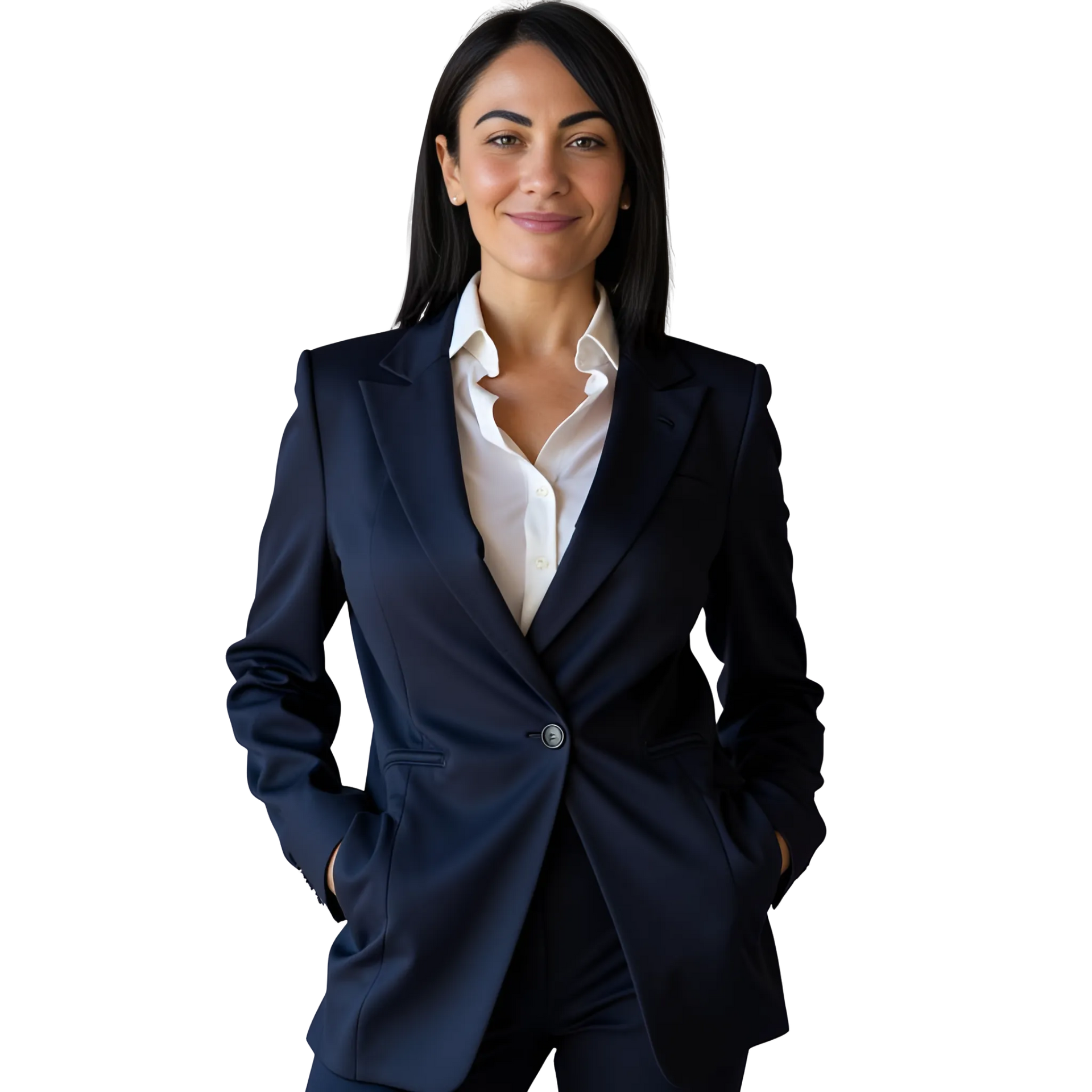 Donna con i capelli scuri, in abito blu navy e camicia bianca, sorridente, in piedi in casa con le mani in tasca.