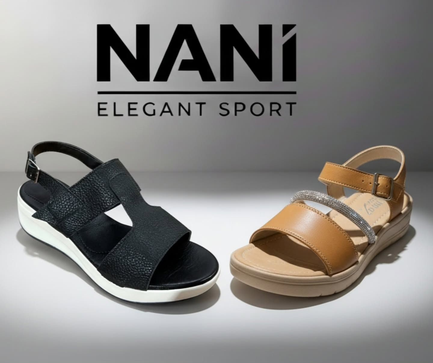 Dos sandalias, una negra y otra color tostado, con el logo “NANí ELEGANT SPORT” encima.