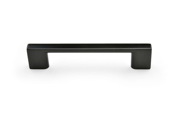 A black cabinet handle on a white background.