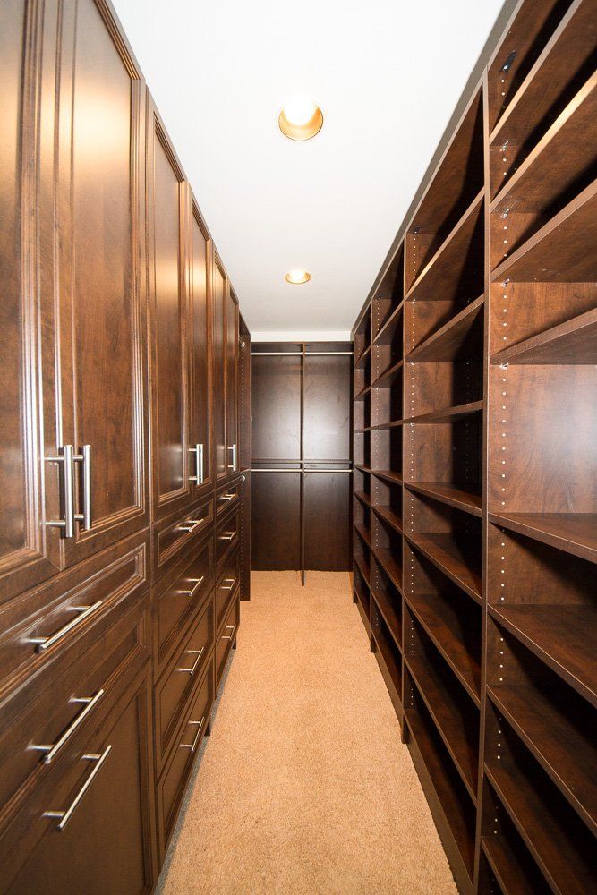Rich looking Coco colored walk-in closet. Includes backer board throughout. Livingston, NJ