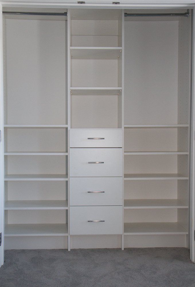 A typical reach-in closet system which includes modern style drawers.