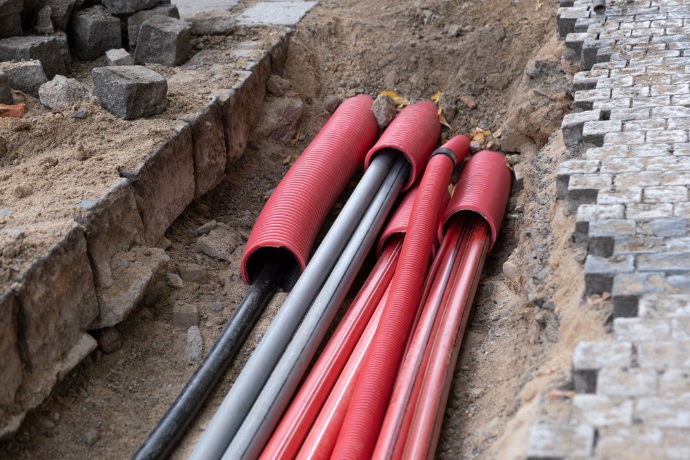 A Bunch Of Red And Black Pipes Are Laying In The Dirt — RAFFBRO Electrical Solar & Air Conditioning In Wodonga, VIC