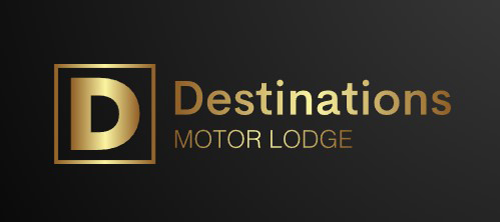 Logo for Destinations Motor Lodge: gold and black oval with gold text and a gold