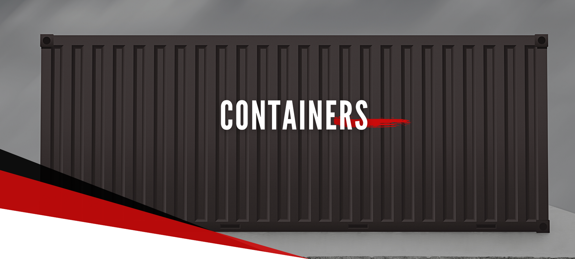 A black shipping container against a gray background with the word