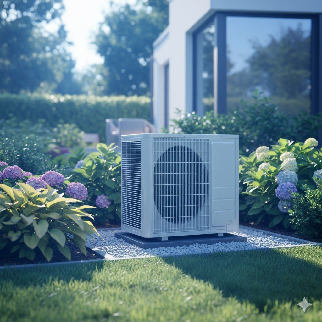 An air conditioning unit sits on gravel in a garden, with a modern house in the background.