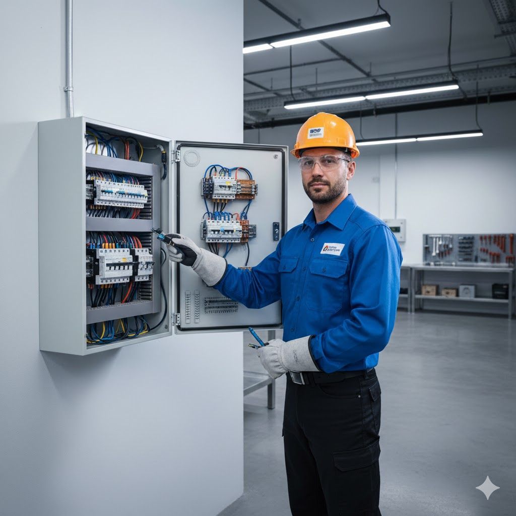 Electrician in blue uniform and hard hat inspecting an open electrical panel.