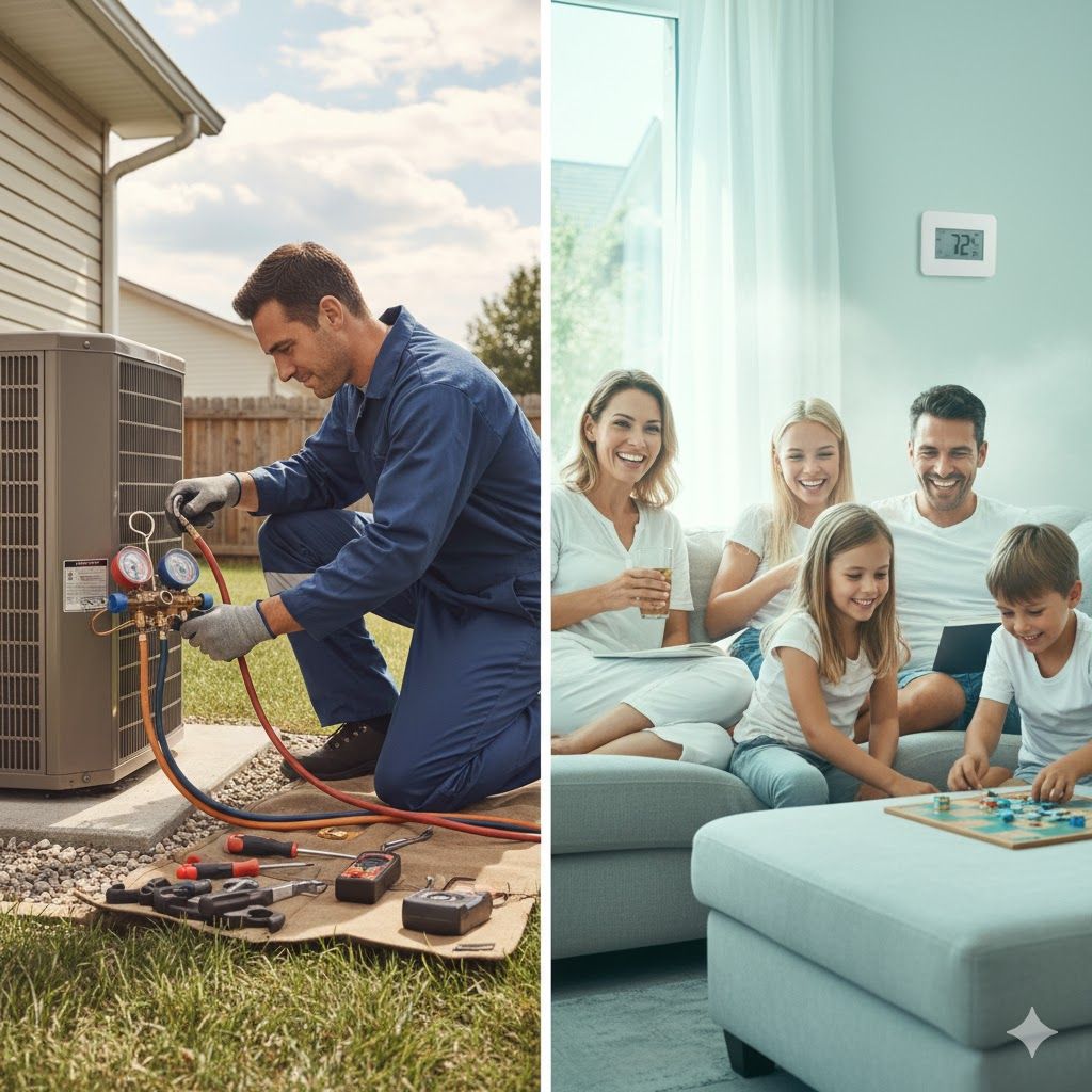 HVAC technician fixing a unit outdoors; family enjoying cooled home indoors.