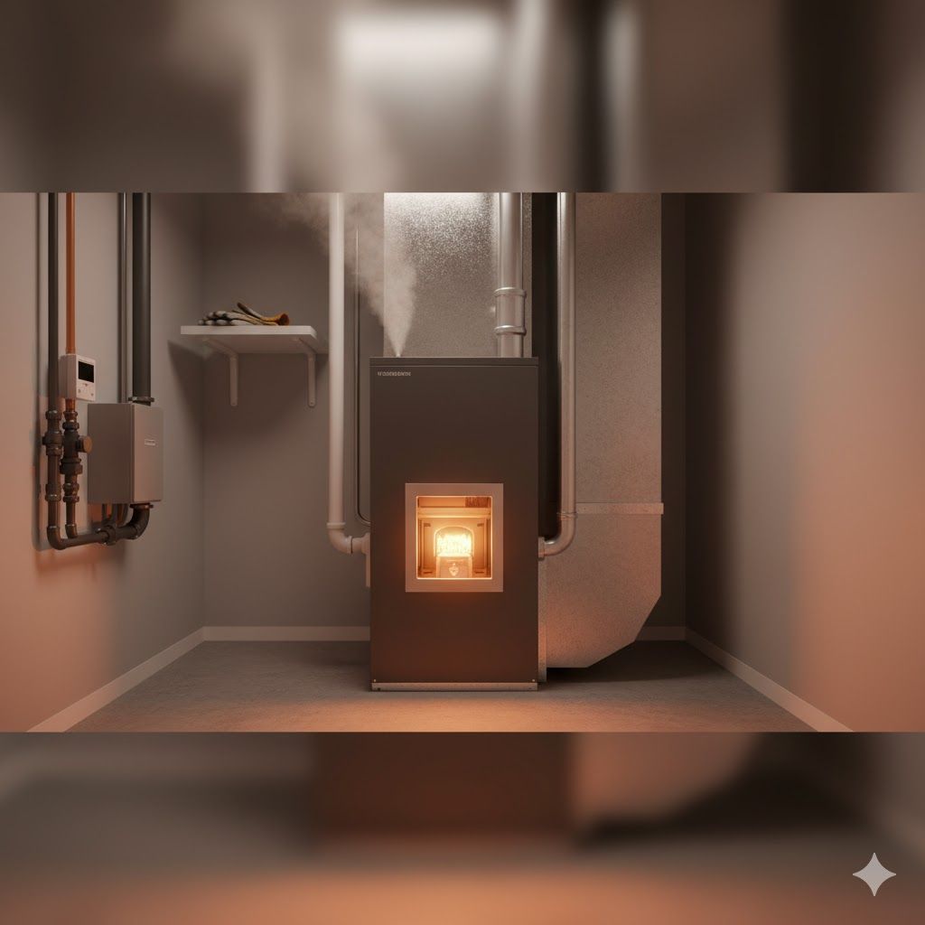 Furnace room with lit pellet stove, chimney, and pipes. Warm light and smoke visible.