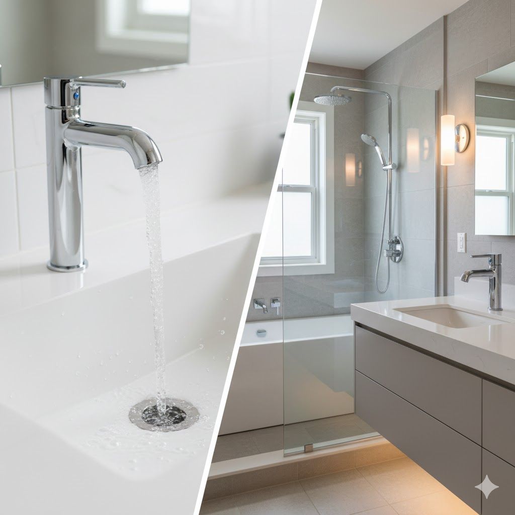 Bathroom with running faucet, sink, and shower.  Clean design with white and gray color scheme.
