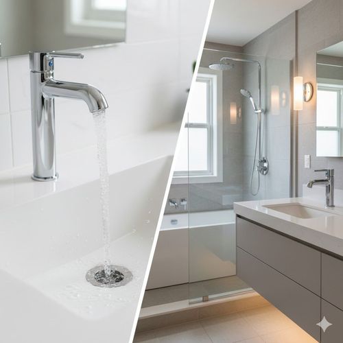 Bathroom with running faucet, sink, and shower.  Clean design with white and gray color scheme.