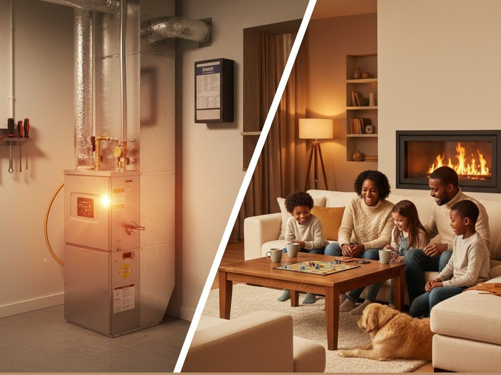 Furnace in basement contrasted with a family playing board games in a cozy living room.