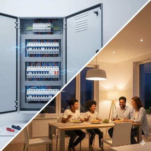 Split image: electrical panel with sparks and family dining under soft light.