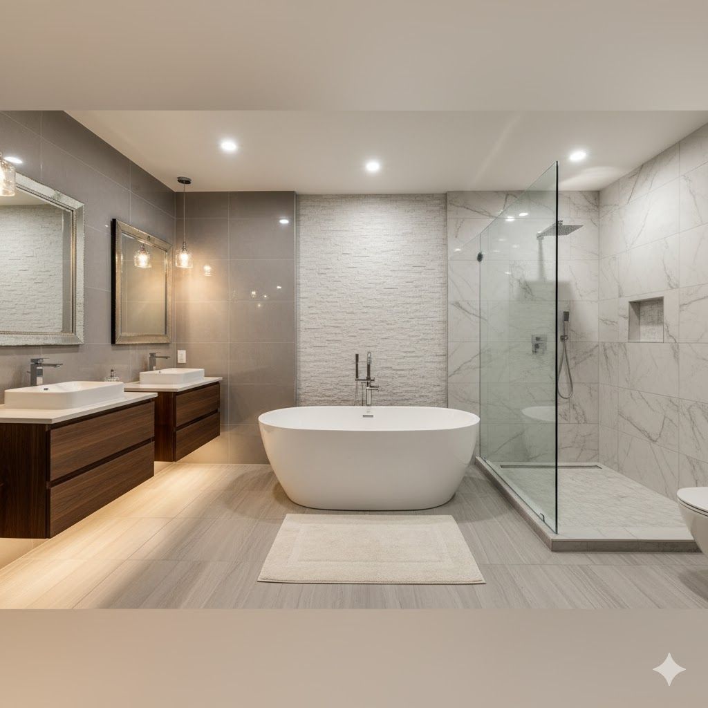 Modern bathroom with a freestanding tub, glass shower, double sinks, and light wood flooring.