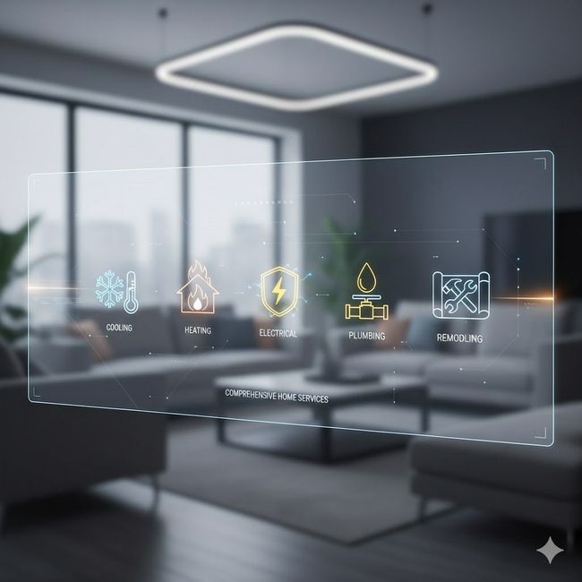 Living room with a transparent screen displaying smart home control icons.