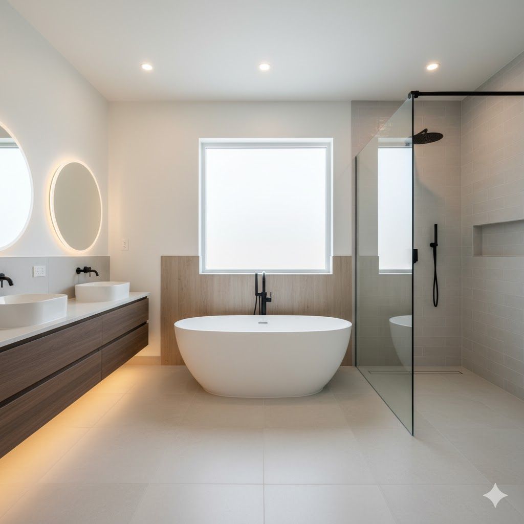 Modern bathroom with a white tub, shower, and floating vanity with wood detailing and round mirrors.