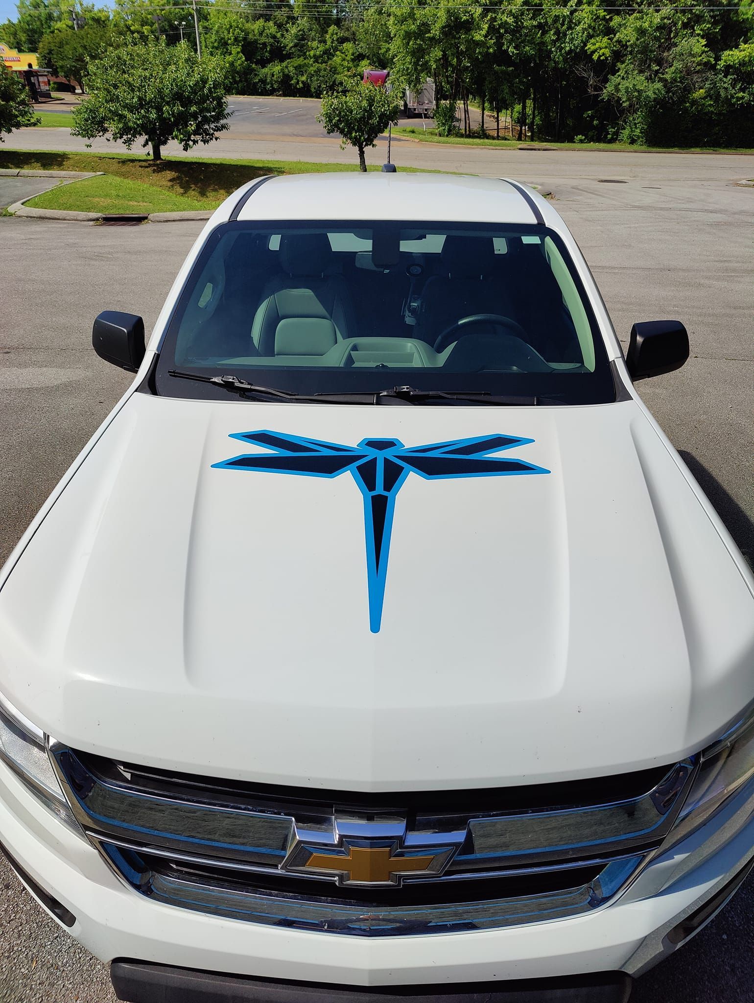 A white truck with a blue dragonfly on the hood is parked in a parking lot.
