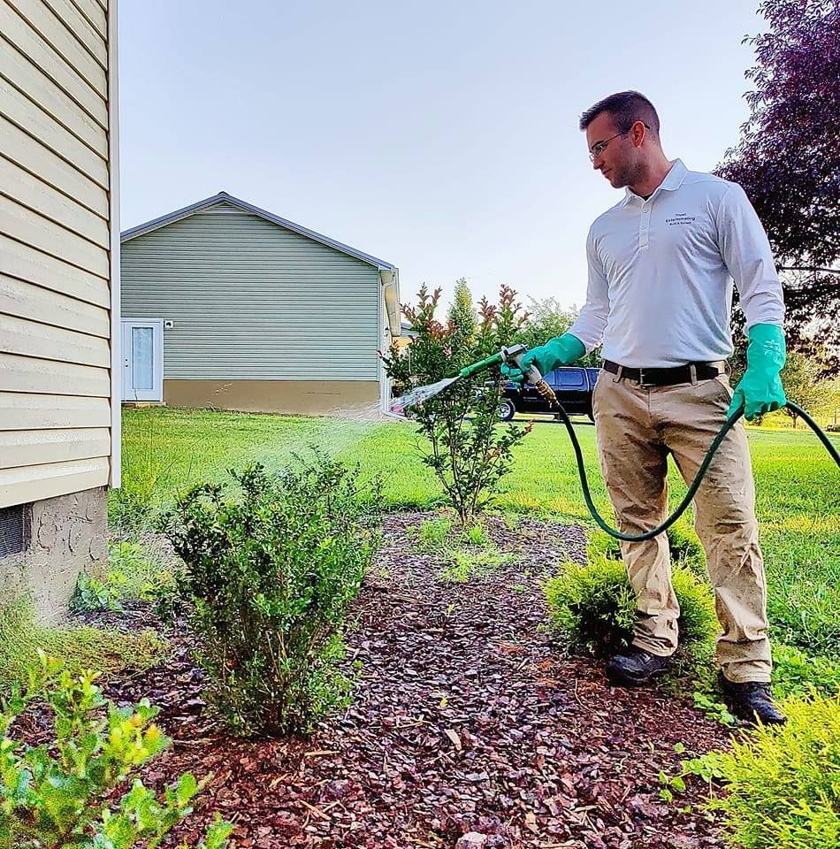A man is spraying plants with a hose in front of a house.