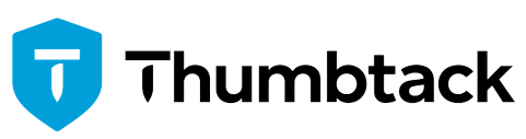 A logo for thumbtack with a blue shield on a white background.