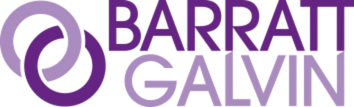 Purple Barratt Galvin logo with stylized circular icon and text on white background