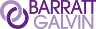 Purple Barratt Galvin logo with stylized circular icon and text on white background